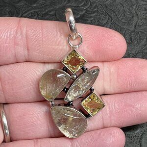 Golden Rutilated Quartz and Citrine Gemstone Jewelry Crystal Pendant